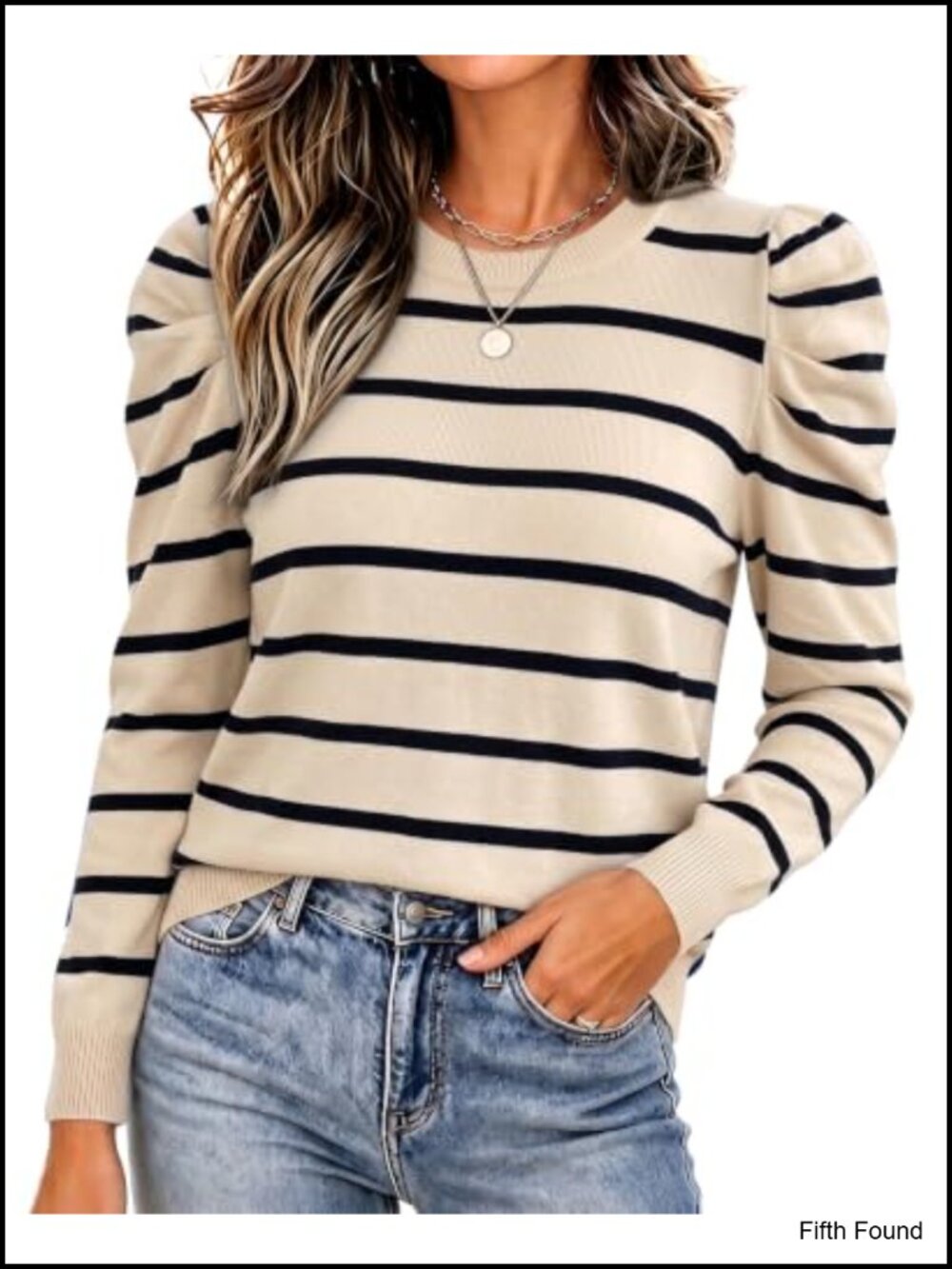Women's Puff Sleeve Knit Pullover Sweater Crew Neck Fall Top